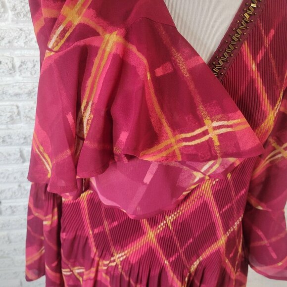 Catherines Womens Top 1X Tunic Bell Sleeve Red Pink Sheer Beaded GEO260E - Picture 5 of 11